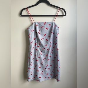 Urban Outfitter Colette Stretch Linen Mini Dress Blue Chambray Cherry Pr…